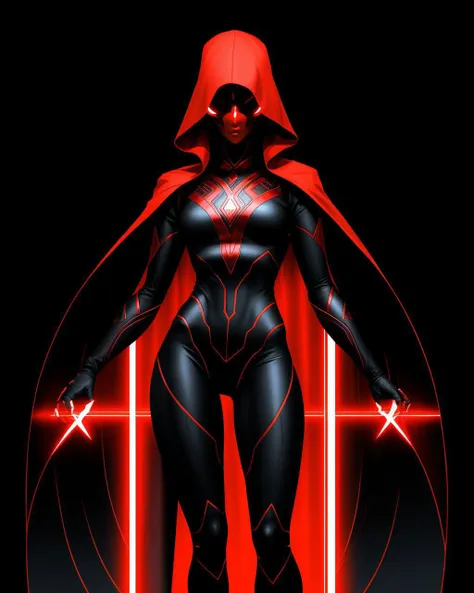 beautiful woman, d3x3d sith lord, full body, red eyes, aura, <lora:d3x3d-L:1>