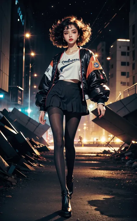 1girl, (pleated skirt, retro bomber jacket 80s, pantyhose), solo, outer space, official art, unity 8k wallpaper, ultra detailed, beautiful and aesthetic, masterpiece,best quality, glowing skin, (floating colorful sparkles:1) the most beautiful form of chaos, elegant, a brutalist designed, vivid colours, romanticism, d3x3d