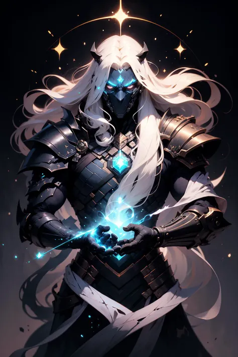 <lora:d3x3d-L:0.7> a d3x3d style wizard with white long hair wearing a black armor holding a galaxy in his hands