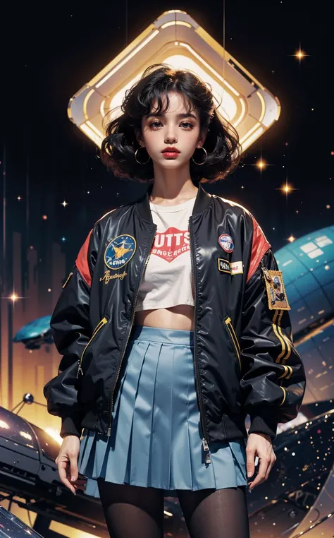 1girl, (pleated skirt, retro bomber jacket 80s, pantyhose), solo, outer space, official art, unity 8k wallpaper, ultra detailed, beautiful and aesthetic, masterpiece,best quality, glowing skin, (floating colorful sparkles:1) the most beautiful form of chaos, elegant, a brutalist designed, vivid colours, romanticism, d3x3d