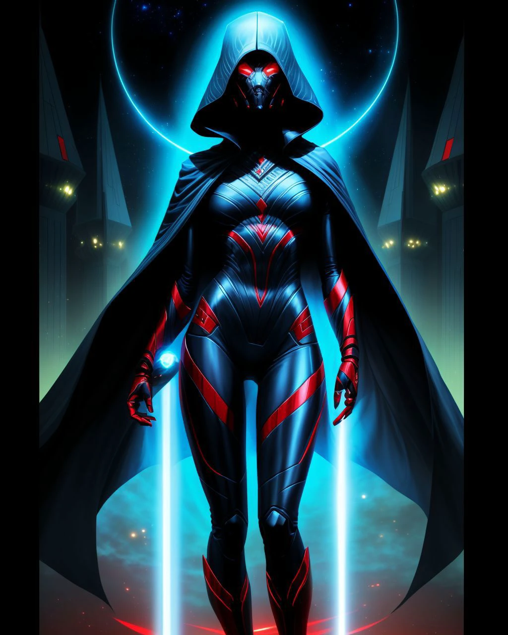 beautiful woman, d3x3d sith lord, full body, red eyes, aura, <lora:d3x3d-L:1> <lora:add_detail:1>