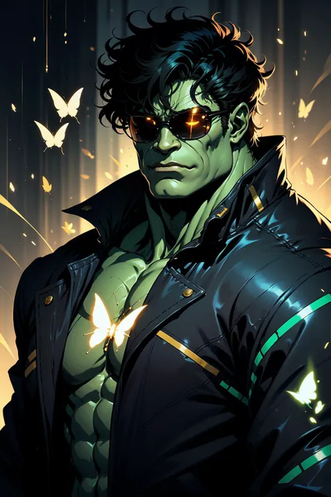 <lora:d3x3d-L:1.3> d3x3d style hulk with a shining butterfly glowing in his chest wearing black jacket and sunglasses