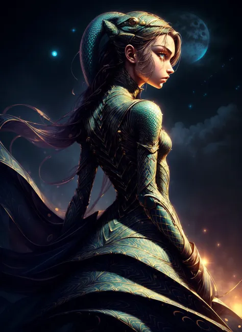 (exceptional, best aesthetic, new, newest, best quality, masterpiece, highly detailed:1.2), lizard, girl, yellow eyes, dress, 1girl , sea,  d3x3d, stary night background, full moon <lora:d3x3d-L:1>   <lora:more_details:0.9>