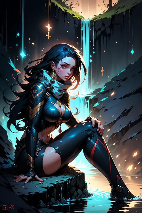 <lora:d3x3d-L:1.2> d3x3d style woman sitting in front of a waterfall, red energy