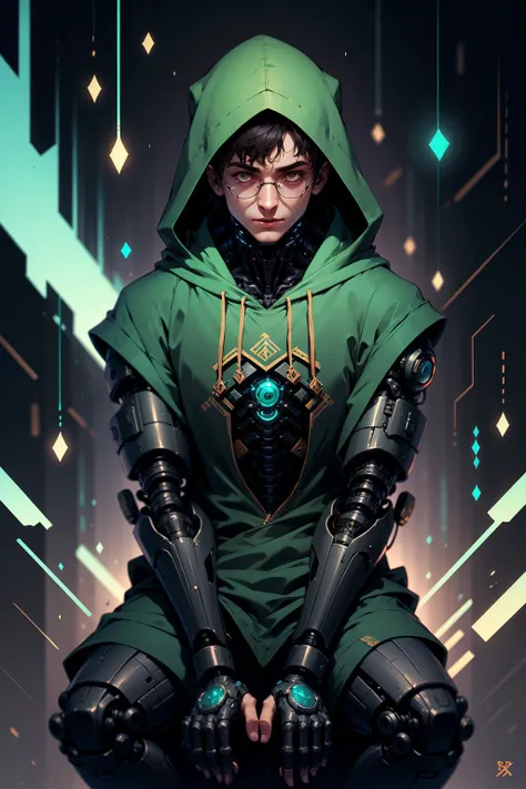 <lora:d3x3d-L:1> d3x3d style harry potter with cybernetic arms wearing a green hoodie, sitting, side look
