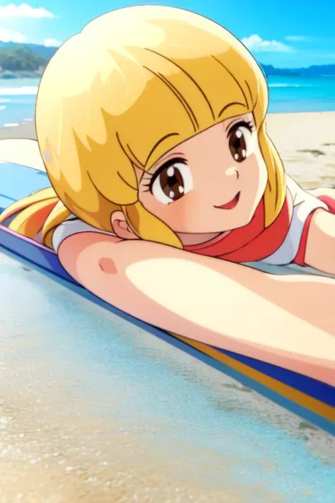 (pixel-perfect, picture-perfect, detail-perfect, masterpiece-perfect, enhanced-details-perfect, 3D-hyperrealistic-details-perfect, clear-and-distinct-details-perfect) (official style, style parody, anime-style, anime-perfect) <lora:morisawa trigger -Magical Angel Creamy Mami-:1> ((blonde, solo, outdoors, in nature, sunny day, fun at the beach))