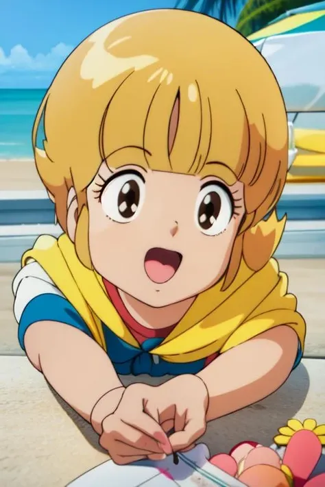 (pixel-perfect, picture-perfect, detail-perfect, masterpiece-perfect, enhanced-details-perfect, 3D-hyperrealistic-details-perfect, clear-and-distinct-details-perfect) (official style, style parody, anime-style, anime-perfect)  <lora:morisawa trigger -Magical Angel Creamy Mami-:1> ((blonde, solo, outdoors, in nature, sunny day, fun at the beach))