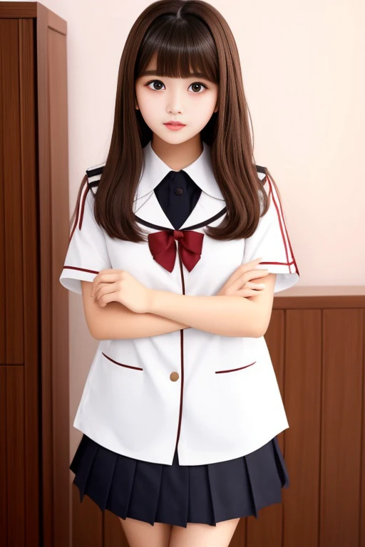 masterpiece,best quality, upper body protrait of (saukztf:1.3), brown long hair, bangs, big eyes, parted lips,  black eyes, school uniform,17 years old,