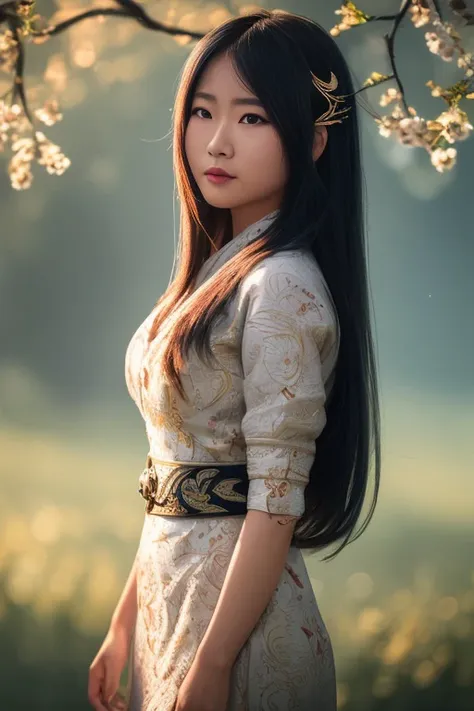 a photo of Katonana, masterpiece, best quality, 4k, illustration,((1girl)),  realistic, photo \(medium\), ((masterpiece)), (((best quality))), ((ultra-detailed)), ((illustration)),depth of field,cinematic lighting, volume lighting, bloom effect,light particles, hair ornament, sunlight , morning, lens 135mm,f1.8,