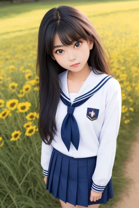 masterpiece,best quality, a  photo of 1girl,  Arinax, ************, large brown eyes, long hair, hair hair ornament, school uniform, blue skirt, smile, look at viewer, sunny, flowers, grass, blurry background, upper body shot,  blue sky, flowers on the ground, {an extremely delicate and beautiful girl}, cg 8k wallpaper, masterpiece, cold expression, handsome, medium breastsupper body, looking at viewer, school uniform, sailor suit,serafuku, messy long hair, big eyes, beautiful detailed eyes {{a black cross hairpin}}, handsome,Hair glows,dramatic angle,