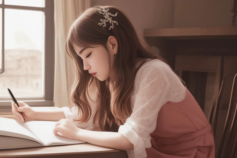 masterpiece, best quality,  4k, illustration,(1girl),1girl,  realistic, photo \(medium\), extremelydetailedCGunity8kwallpaper,bestquality, the beautiful girl is siting but sleeping on her sketch book on the desk, pen nerby , crytal bal, long brown hair, hair hair ornament,straight hair, pink dress, indoor, photo background, sharp forcus,