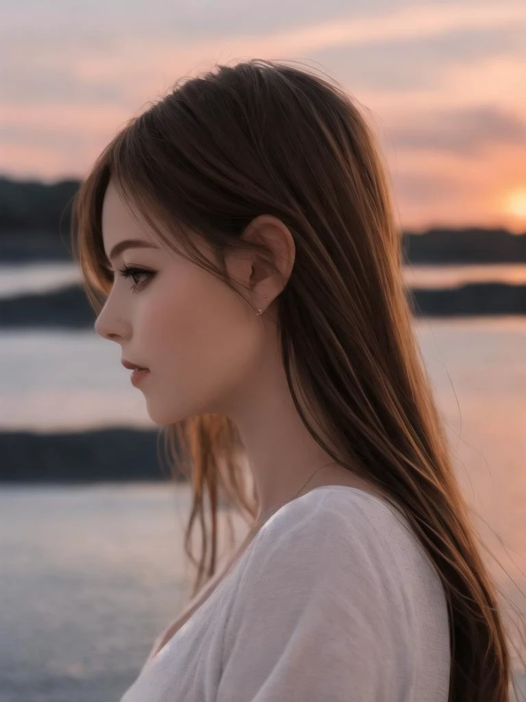 a girl with brown hair and brown eyes looking at sunset on a shore, realistic