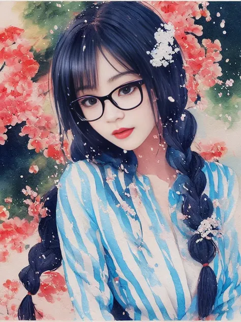 1girl, breasts, blue and white vertical stripes shirt, glasses, akizuki ritsuko, twin braids, twin ahoge, chinese,(sketch),(wash painting),((color splashing)),((ink splashing)),((Chinese painting)),((colorful))(beautiful and delicate mountain)