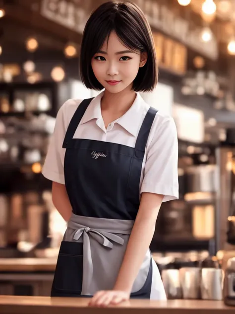 High Detail, Sharp focus, dramatic, photorealistic, hyper realistic, a long bob cut girl [with a warm smile:0.8] working at a cozy coffee shop, wearing a black apron and a white shirt, at dusk, with depth of field, light rays, (light particles:0.9), and soft shadows on her face, looking at viewer, [Paul Hedley:0.5], warm tone