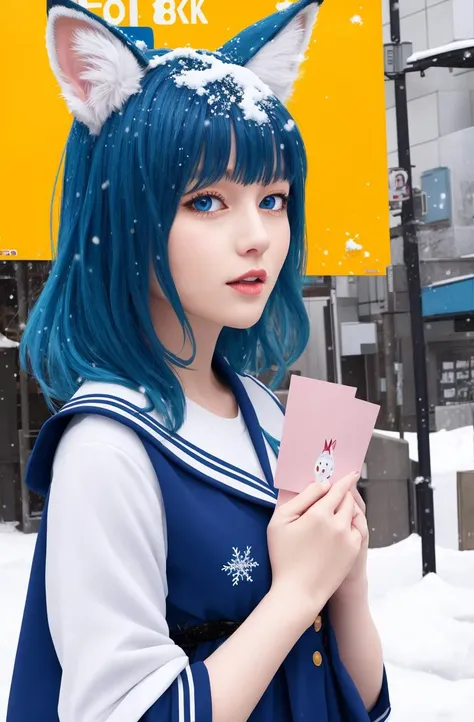 masterpiece,best quality, (Highest picture quality), (Master's work),(8K wallpaper),(Detailed face description),
extremely detailed, perfect lighting,highres,reality ray tracing,
Tokyo Tower,snowing,standing,
1girl,young girl,blue hair,fox ears,sailor dress,blush,love letter,