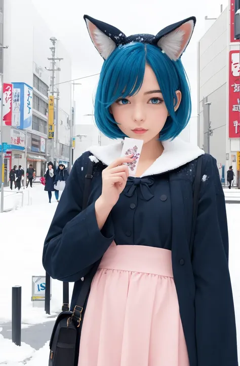 masterpiece,best quality, (Highest picture quality), (Master's work),(8K wallpaper),(Detailed face description),
extremely detailed, perfect lighting,highres,reality ray tracing,
Tokyo Tower,snowing,standing,facing viewer
1girl,young girl,blue hair,fox ears,sailor dress,blush,love letter,