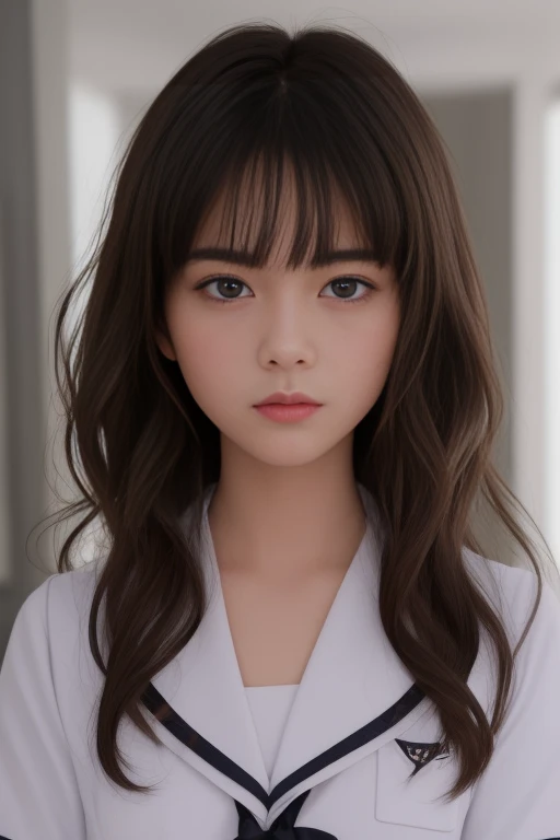 {an extremely delicate and beautiful girl}, cg 8k wallpaper, masterpiece, cold expression, handsome, medium breastsupper body, looking at viewer, school uniform, sailor suit,serafuku, messy long hair, big eyes, beautiful detailed eyes {{a black cross hairpin}}, handsome,Hair glows,dramatic angle,