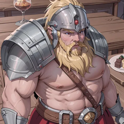 (masterpiece, best_quality, ultra-detailed, immaculate:1.3), epic, illustration, 1boy, man, dwarf, warrior, wearing heavy armorand helmet, bushy beard, blond hair, in a tavern<lyco:EnvyDwarvenMix01:1.1>