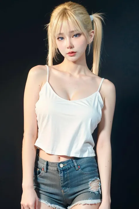 (((Tank top、Off-the-shoulder blouse、jeans、White background)))、forehead、Northern Europe、Russia、beautiful girl、Platinum Blonde Hair、Straight long hair、Hitting the face and front of the eyes、Big blue eyes、Sheer white and wet nightgown、Northern Europeの若者、Perfect body、White tendons、Glowing Skin、Young and beautiful skin、A perfect and beautiful little face、Bright makeup、Pale pink lips、Bright expression、、lipstick、Deceptive advertising、Viewer's vision、Golden Hour Lighting、Bokeh Atmosphere Perspective、detailed、Movie Light、複雑なdetailed、High resolution、 フェイスデザインのdetailedな特徴、Attention to detail、Clear focus、Smoothness、aesthetics、Printed、Octane、{{masterpiece}}