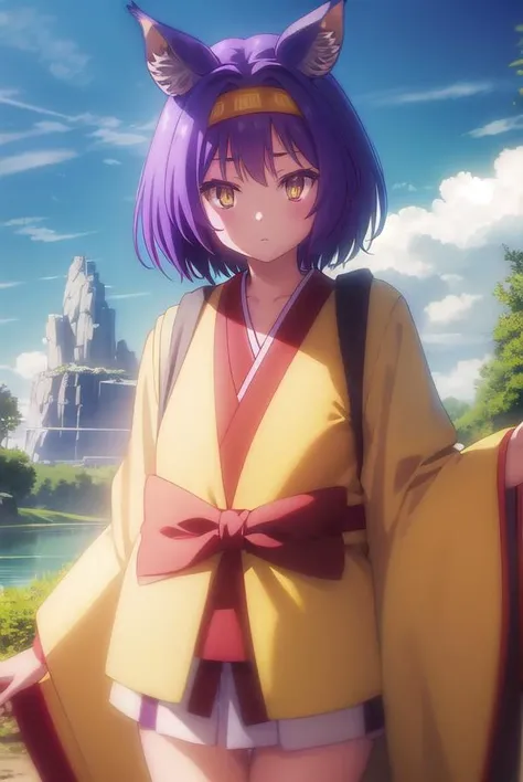 izunahatsuse, <lora:izuna hatsuse s1-lora-nochekaiser:1>,
izuna hatsuse, short hair, animal ears, purple hair, hairband, animal ear fluff, fox ears, slit pupils, (yellow eyes:1.3),
BREAK bow, tail, japanese clothes, wide sleeves, kimono, fox tail, short kimono,
BREAK outdoors, forest, nature, sun, sky, clouds, trees, river, grass,
BREAK looking at viewer, (cowboy shot:1.5),
BREAK <lyco:GoodHands-beta2:1>, (masterpiece:1.2), best quality, high resolution, unity 8k wallpaper, (illustration:0.8), (beautiful detailed eyes:1.6), extremely detailed face, perfect lighting, extremely detailed CG, (perfect hands, perfect anatomy),