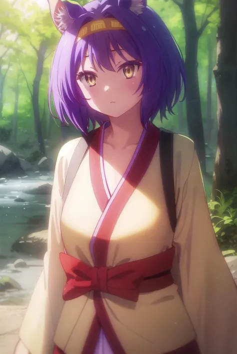 izunahatsuse, <lora:izuna hatsuse s1-lora-nochekaiser:1>,
izuna hatsuse, short hair, animal ears, purple hair, hairband, animal ear fluff, fox ears, slit pupils, (yellow eyes:1.3),
BREAK bow, tail, japanese clothes, wide sleeves, kimono, fox tail, short kimono,
BREAK outdoors, forest, nature, sun, sky, clouds, trees, river, grass,
BREAK looking at viewer, (cowboy shot:1.5),
BREAK <lyco:GoodHands-beta2:1>, (masterpiece:1.2), best quality, high resolution, unity 8k wallpaper, (illustration:0.8), (beautiful detailed eyes:1.6), extremely detailed face, perfect lighting, extremely detailed CG, (perfect hands, perfect anatomy),