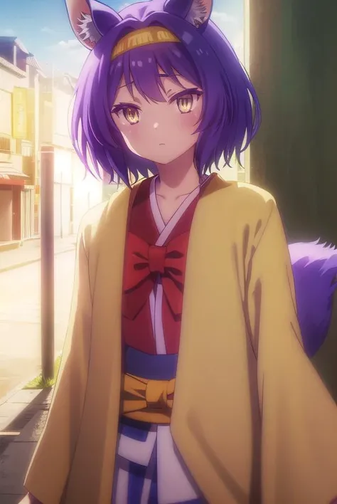 izunahatsuse, <lora:izuna hatsuse s1-lora-nochekaiser:1>,
izuna hatsuse, short hair, animal ears, purple hair, hairband, animal ear fluff, fox ears, slit pupils, (yellow eyes:1.3),
BREAK bow, tail, japanese clothes, wide sleeves, kimono, fox tail, short kimono,
BREAK outdoors, forest, nature, sun, sky, clouds, trees, river, grass,
BREAK looking at viewer, (cowboy shot:1.5),
BREAK <lyco:GoodHands-beta2:1>, (masterpiece:1.2), best quality, high resolution, unity 8k wallpaper, (illustration:0.8), (beautiful detailed eyes:1.6), extremely detailed face, perfect lighting, extremely detailed CG, (perfect hands, perfect anatomy),