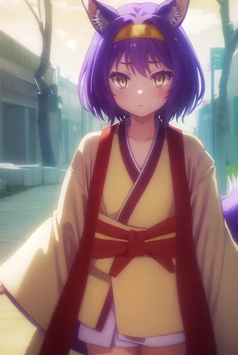 izunahatsuse, <lora:izuna hatsuse s1-lora-nochekaiser:1>,
izuna hatsuse, short hair, animal ears, purple hair, hairband, animal ear fluff, fox ears, slit pupils, (yellow eyes:1.3),
BREAK bow, tail, japanese clothes, wide sleeves, kimono, fox tail, short kimono,
BREAK outdoors, forest, nature, sun, sky, clouds, trees, river, grass,
BREAK looking at viewer, (cowboy shot:1.5),
BREAK <lyco:GoodHands-beta2:1>, (masterpiece:1.2), best quality, high resolution, unity 8k wallpaper, (illustration:0.8), (beautiful detailed eyes:1.6), extremely detailed face, perfect lighting, extremely detailed CG, (perfect hands, perfect anatomy),