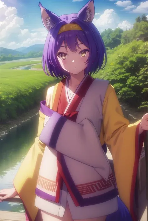 izunahatsuse, <lora:izuna hatsuse s1-lora-nochekaiser:1>,
izuna hatsuse, short hair, animal ears, purple hair, hairband, animal ear fluff, fox ears, slit pupils, (yellow eyes:1.3),
BREAK bow, tail, japanese clothes, wide sleeves, kimono, fox tail, short kimono,
BREAK outdoors, forest, nature, sun, sky, clouds, trees, river, grass,
BREAK looking at viewer, (cowboy shot:1.5),
BREAK <lyco:GoodHands-beta2:1>, (masterpiece:1.2), best quality, high resolution, unity 8k wallpaper, (illustration:0.8), (beautiful detailed eyes:1.6), extremely detailed face, perfect lighting, extremely detailed CG, (perfect hands, perfect anatomy),