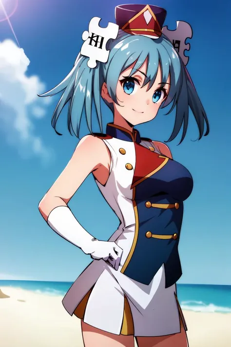 <lora:wikipe-tan:1.1:OUTD> 1girl, wikipe-tan, blue eyes, aqua hair,  hair ornament,  <lora:sunfes-v2:0.9:OUTD> sunfes, uniform, mini shako cap, sleeveless,