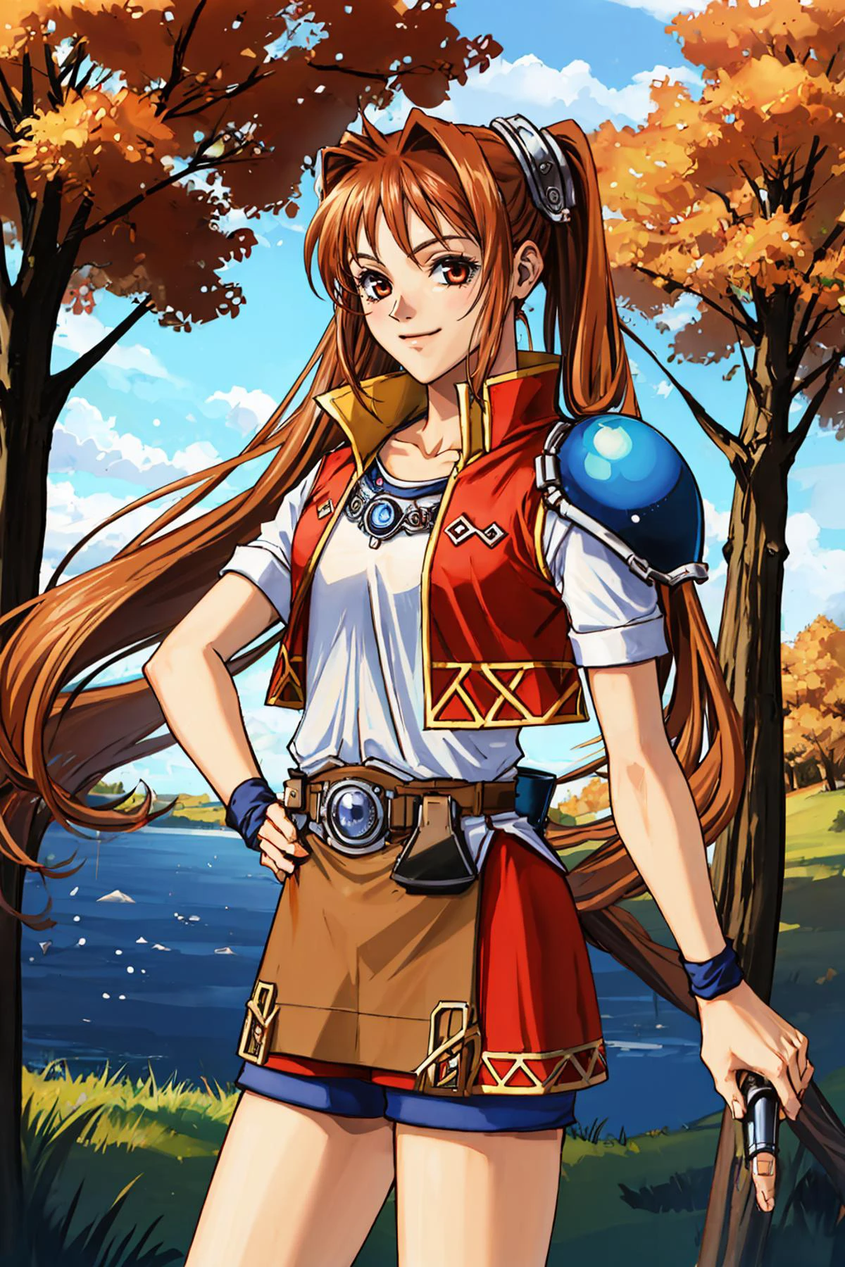 masterpiece, best quality, <lora:ysraka:0.9> ysraka <lora:estelle-nvwls-v2-final:0.8> fcEstelle, red jacket, blue shoulder pad, white shirt, red skirt, short shorts, cowboy shot, smile, field, autumn, looking at viewer,