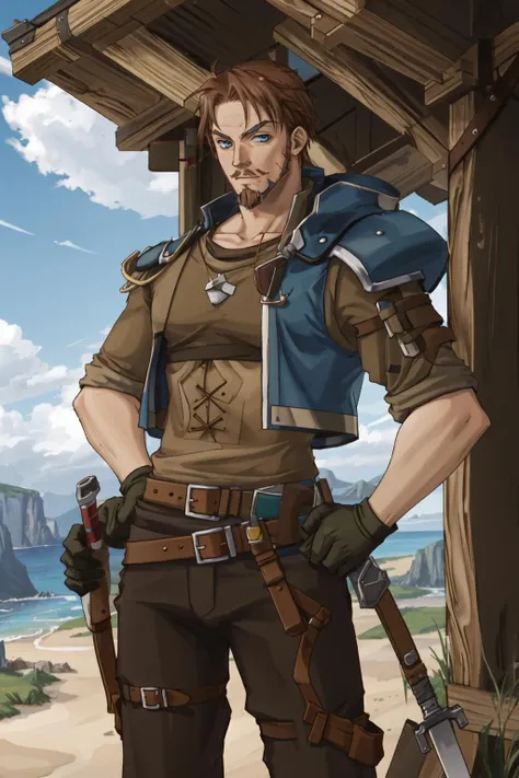 <lora:ysraka:1>1boy, male focus, solo, brown hair, facial hair, hammer, belt, abs, vest, weapon, over shoulder, green eyes, blue eyes, hand on hip, forge, open clothes, goatee