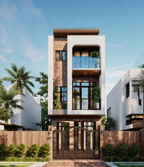 RAW photo,Masterpiece, high quality, best quality, authentic, super detail, townhouse, modern house,( brick wall:1.1 , glass windows, (wooden ceiling:1.1), railing glass, gate, fence, (curve:1.1),tropical trees, day, beautifu sky, (high detailed :1.2), 8k uhd, dslr, soft lighting, high quality, film grain, Fujifilm XT3 <lora:add_detail:0.5> <lora:epi_noiseoffset2:0.3>  <lora:townhousev4:0.6>