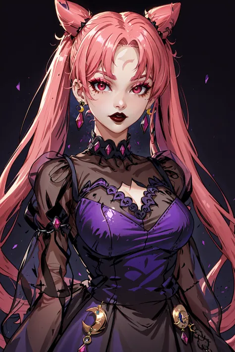 Dark_Lady, 1girl, solo, long hair, breasts, red eyes, dress, cleavage, twintails, jewelry, medium breasts, upper body, pink hair, earrings, hair bun, black dress, see-through, double bun, makeup, facial mark, lipstick, crescent, purple background, aged up, forehead mark, red lips, cone hair bun, crescent facial mark, crystal earrings, <lora:BlackLady:0.8>