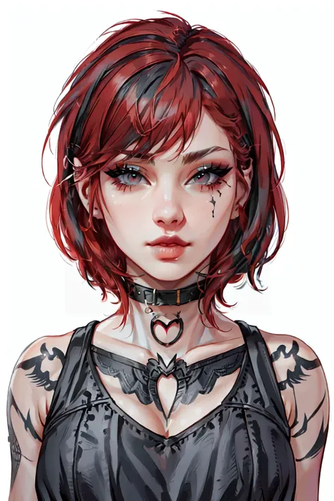 <lora:GothConcepts:0.8>1girl, solo, breasts, looking at viewer, short hair, bangs, simple background, white background, upper body, red hair, collar, lips, grey eyes, eyelashes, tattoo, makeup, realistic