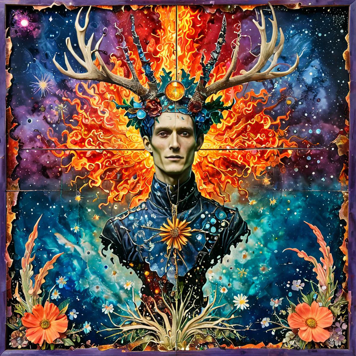 Kay Nielsen and Harry Clarke and Howard Pyle illustration of an aging male android with solar punk antlers, emerging from an embryonic nebula in colourful iridescent liquid, a rising phoenix bathes in cosmic fire, where flowering plants are floating blue sky background, old fashion steampunk television set, psychedelic, decorated by mushroom and floral calligraphic Art Nouveau flourishes <lora:artfully4QUAD_SDXL_V1:1> <lora:TQ_-_Newspaper_Style:1>