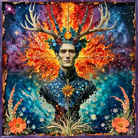 Kay Nielsen and Harry Clarke and Howard Pyle illustration of an aging male android with solar punk antlers, emerging from an embryonic nebula in colourful iridescent liquid, a rising phoenix bathes in cosmic fire, where flowering plants are floating blue sky background,  old fashion steampunk television set, psychedelic, decorated by mushroom and floral calligraphic Art Nouveau flourishes   <lora:artfully4QUAD_SDXL_V1:1> <lora:TQ_-_Newspaper_Style:1>