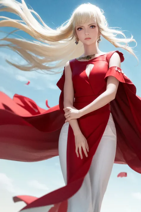 masterpiece, best quality, highres, 1girl, lyse hext, red dress <lora:lyse_hext:1> white pants, frilled dress, wind blowing, looking at viewer