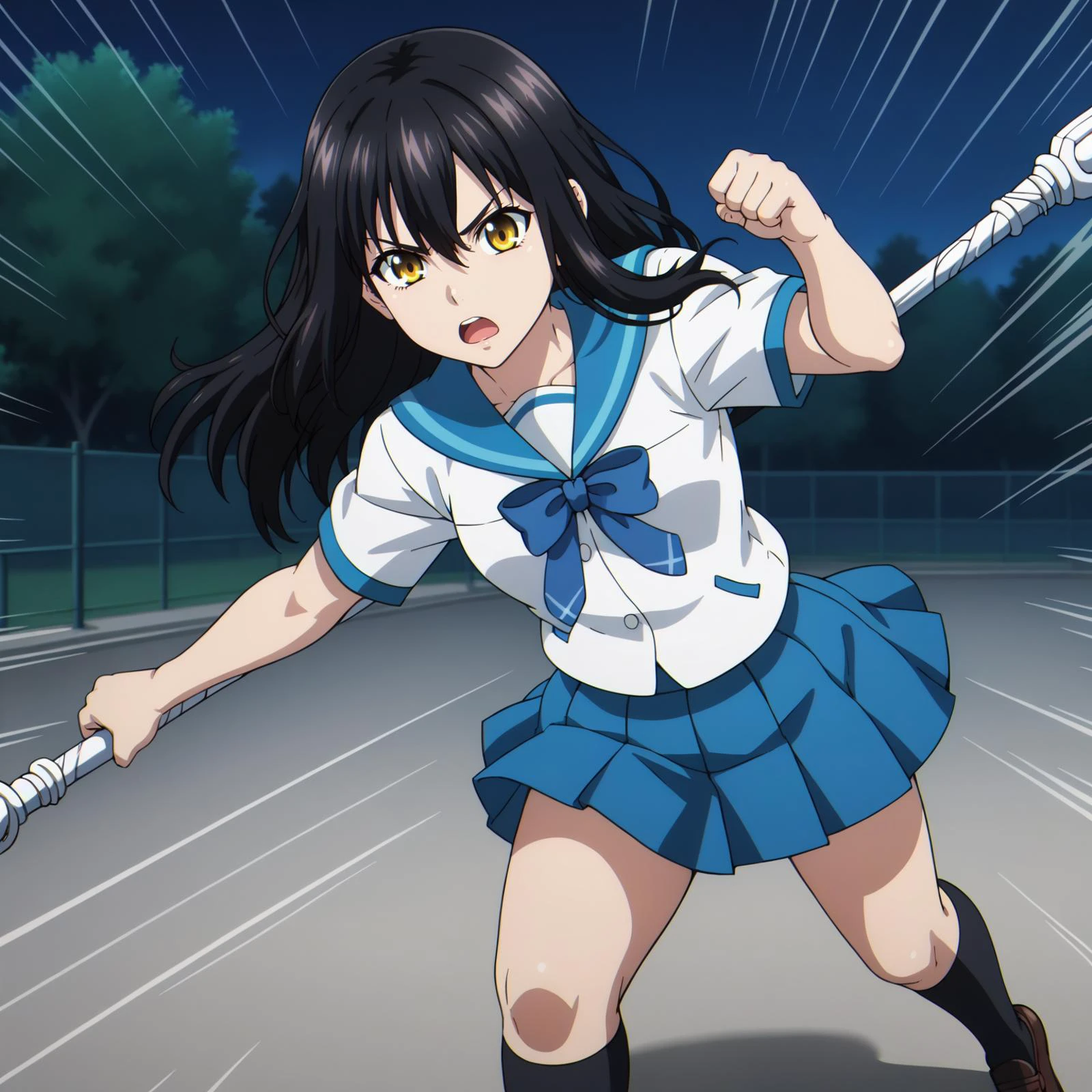 <lora:HYukinaV4XL:0.8>,
looking at viewer,
solo,
hyukinav4xl,1girl,black hair,long hair,yellow eyes,
school uniform,serafuku,blue sailor collar,white shirt,blue bowtie,short sleeves,blue skirt,miniskirt,pleated skirt,black socks,kneehighs,
outdoors,night,
fighting_stance,holding staff,running,(speed_lines:1.4),(motion line:1.3),(motion_blur:1.2),