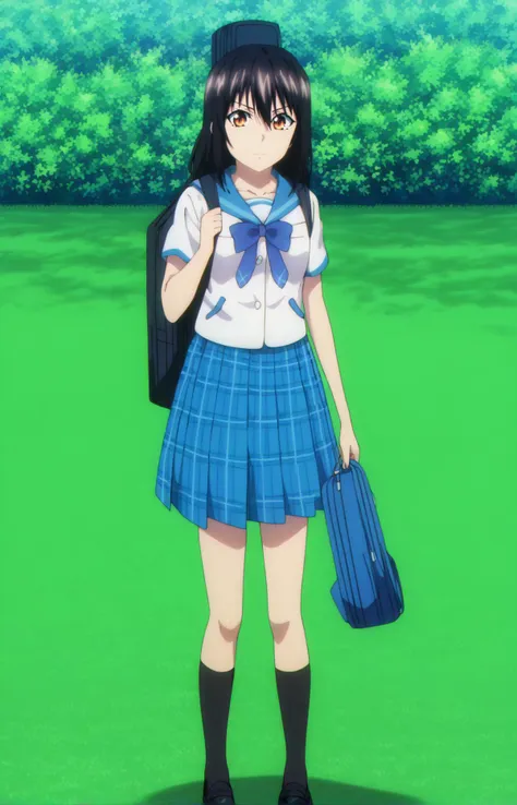 score_7_up, BREAK source_anime, HYukinaV4XL, anime coloring, 1girl, solo, skirt, school uniform, socks, pleated skirt, blue skirt, standing, outdoors, instrument case, bag, short sleeves, shirt, white shirt, looking at viewer, sailor collar, black socks, plaid skirt, bow, plaid, kneehighs, bowtie, blue sailor collar, guitar case, serafuku, collarbone, blue bow, day, miniskirt, blue bowtie, holding, closed mouth, <lora:HYukinaV4XL:1>