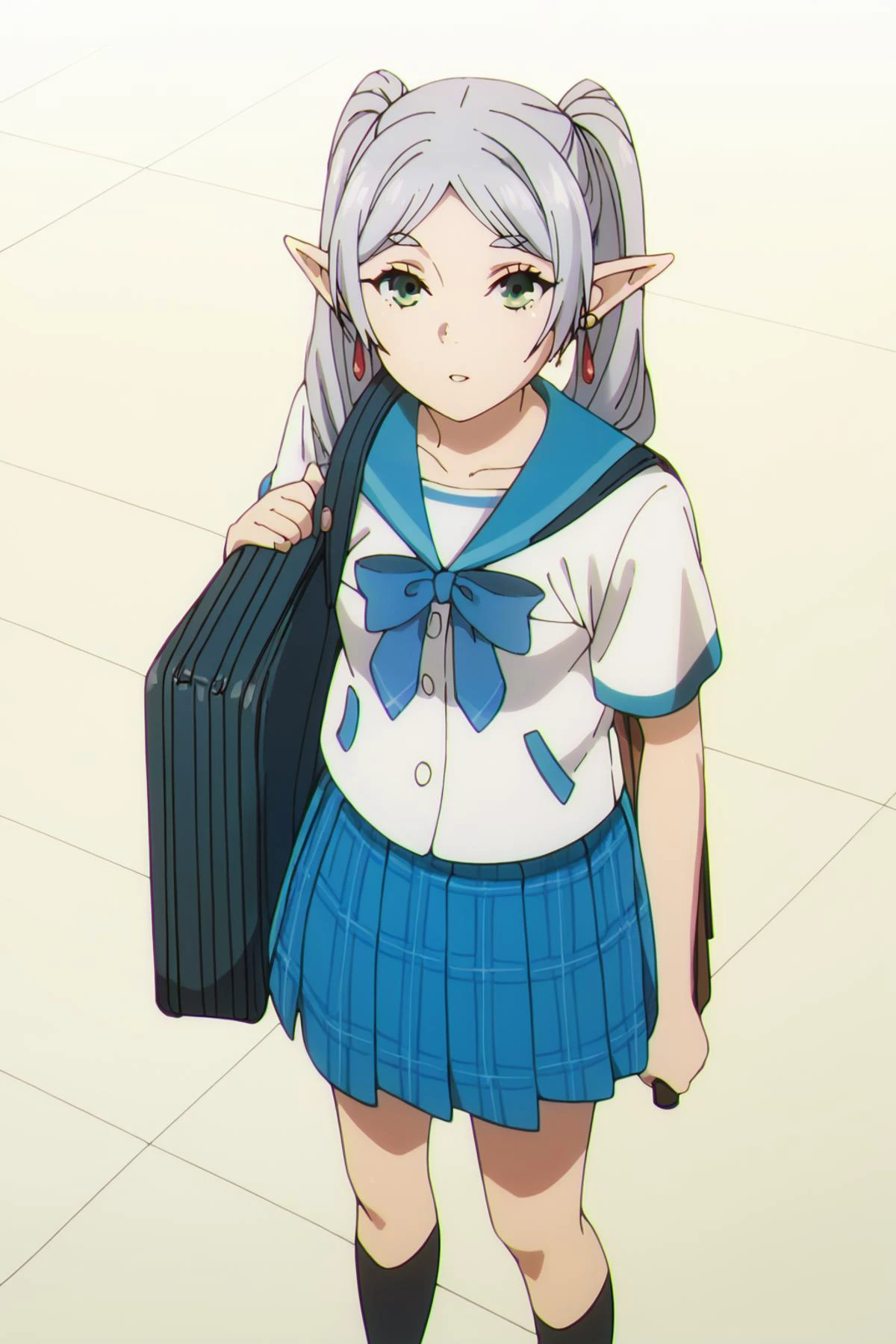 skirt, school uniform, socks, pleated skirt, blue skirt,instrument case, bag, short sleeves, shirt, white shirt, looking at viewer, sailor collar, black socks, plaid skirt, bow, plaid, kneehighs, bowtie, blue sailor collar, guitar case, serafuku, collarbone, blue bow, day, miniskirt, blue bowtie, holding, ,<lora:HYukinaV4XL:1.1> <lora:SousouNoFrieren_FrierenXL:0.9> FrierenSSnF,grey hair, long hair, green eyes, twintails, parted bangs, earrings, pointy ears, small breasts, Score_9, Score_8_up, Score_7_up, Score_6_up, Score_5_up, Score_4_up, BREAK,1girl in full growth, best quality, masterpiece, ultra-detailed, high quality,good quality,1 girl,(master piece,high resolution, ultra detailed,8K,16K),look at viewer