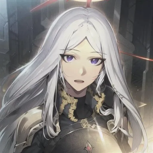 ,((masterpiece)),((highres)),((best quality)),((highly detailed)),((extremely detailed CG unity 8k wallpaper)),illustration ,1girl, white hair, solo, long hair, looking at viewer, purple eyes, armor, halo, gauntlets, <lora:luna-10:1>