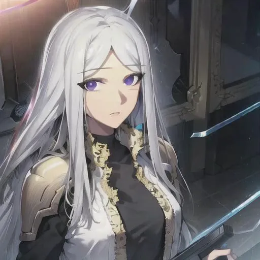 ,((masterpiece)),((highres)),((best quality)),((highly detailed)),((extremely detailed CG unity 8k wallpaper)),illustration ,1girl, white hair, solo, long hair, looking at viewer, purple eyes, armor, halo, gauntlets, <lora:luna-10:1>