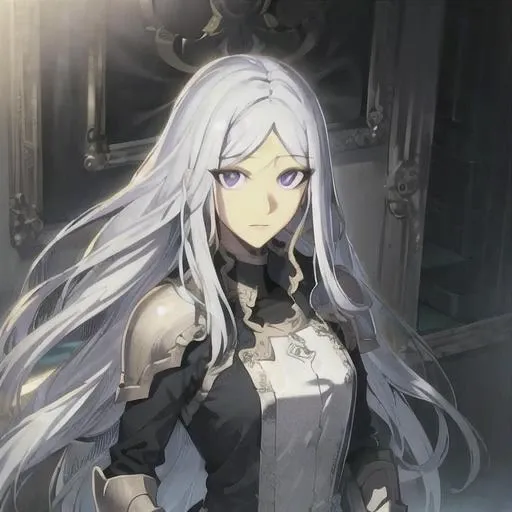 ((masterpiece)),((highres)),((best quality)),((highly detailed)),((extremely detailed CG unity 8k wallpaper)),illustration ,1girl, white hair, solo, long hair, looking at viewer, purple eyes, armor, mature female, gauntlets, <lora:luna-10:1>