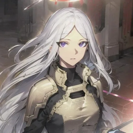 ,((masterpiece)),((highres)),((best quality)),((highly detailed)),((extremely detailed CG unity 8k wallpaper)),illustration ,1girl, white hair, solo, long hair, looking at viewer, purple eyes, armor, halo, gauntlets, <lora:luna-10:1>