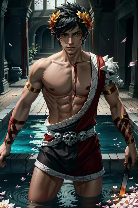 (absurderes, A high resolution, Ultra detailed, hdr), Masterpiece, Best quality, Portrait of a boy, Handsome boy with red eyes, Detailed face, Professional photo, The Alafed man is shirtless, legs are open,Lie comfortably， (puffynipple(From below:1.1)), Focus on your audience,18 year old boy, Handsome boy, [ Firmly defined body ]，Abs，chest muscle，large bulge，speleothems，torches，
