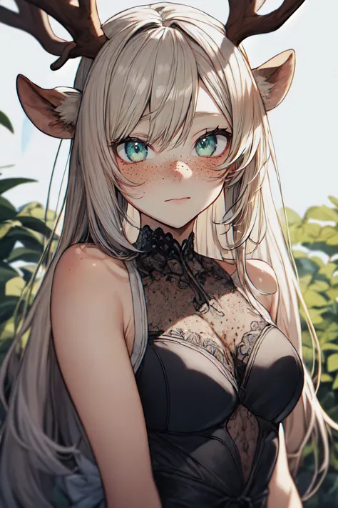 (masterpiece:1.2, best quality:1.2, beautiful, high quality, highres:1.1), detailed background, detailed face, detailed skin,
deer woman with antlers and ((deer ears)), solo, (medium shot, torso shot, waist shot)
green eyes, (face freckles), (face blush), feeling nervous, (feeling shy),
porcelain skin, Ash-blond long hair, frown,
standing in a park, with flowers and plants,
<lora:more_details:0.5> <lora:lora_perfecteyes_v1_from_v1_160:0.8>, <lora:GoodHands-vanilla:0.8>
