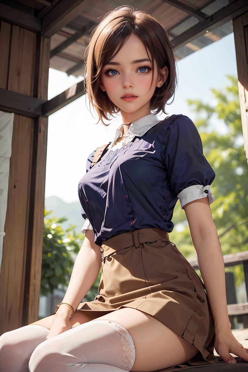 A close up of a woman in a short skirt and shirt - SeaArt AI