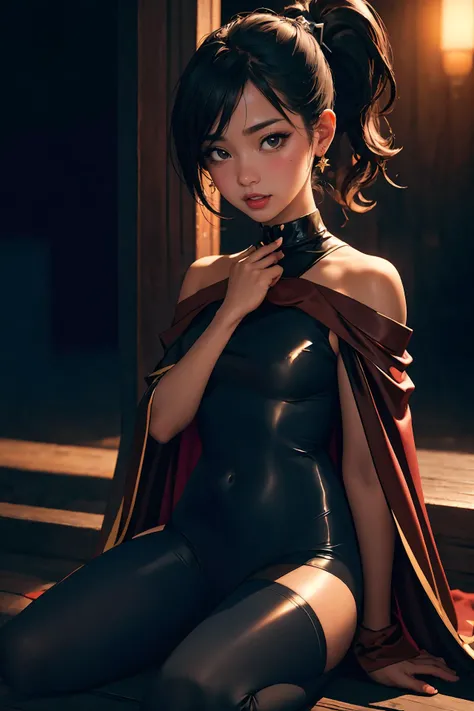 flat chest、You can see the lower half of the body from directly below.....、Delicate body、Black hair ponytail、hime-cut、Beautiful open legs、Open your legs to show your crotch、Transparent robe、Thin pubic hair