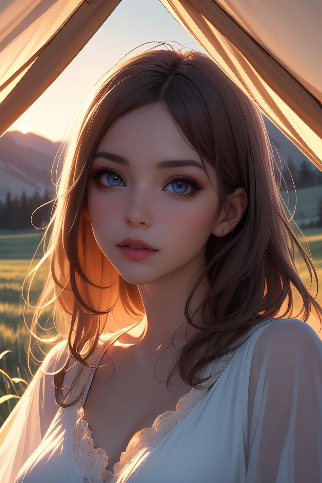 (ultra realistic,32k, masterpiece:1.2),(high detailed skin:1.1),( high quality:1.1),
detailed hair,
intricate detail,
(detailed realistic background:1.3),
realistic lighting,
[cinematic lighting|sunset lighting],
masterpiece,
high quality,
32k,
hyperrealism,
soothing tones,
muted colors,
high contrast,
soft light,
sharp,
artistic photoshoot,
<lora:lora_perfecteyes_v1_from_v1_160:0.8> , perfecteyes eyes,
senior,cute,slender,european, eyes,pale cheeks,square face shape with angular jaw,natural "no-makeup" makeup,detailed hair,
Meadow <lora:girllikecampingtent:0.8> camping tent, open door curtain, pillow hug, frills chiffon pajamas, night,squatting