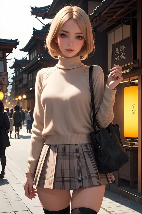 (ultra realistic,32k, masterpiece:1.2),(high detailed skin:1.1),( high quality:1.1),
detailed hair,
intricate detail,
(detailed realistic background:1.3),
realistic lighting,
[cinematic lighting|sunset lighting],
masterpiece,
high quality,
32k,
hyperrealism,
soothing tones,
muted colors,
high contrast,
soft light,
sharp,
artistic photoshoot,
<lora:lora_perfecteyes_v1_from_v1_160:0.8> , perfecteyes eyes,
senior,cute,slender,european, eyes,pale cheeks,square face shape with angular jaw,natural "no-makeup" makeup,detailed hair,small breasts,
<lora:RB_School_Dress_By_Stable_Yogi:0.8> School Dress, thighhighs, plaid pleated mini skirt, red sweater, turtleneck,
light blonde twist braid hairstyle,
Wander through the vibrant streets of Asakusa in Tokyo, leading to the majestic Senso-ji Temple with its iconic red lanterns and bustling market stalls